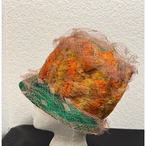 Vintage Leslie James Full Feather Bucket Hat Green Orange Net Italy Made Party